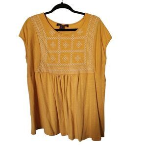 Gloria Vanderbilt Womens Mustard Embroidered Short Sleeve Top Size XL